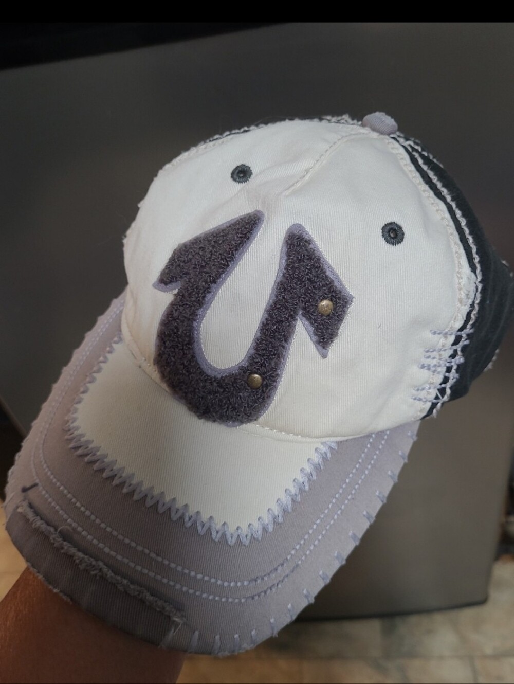 True Religion Distressed Cream, Black & Gray Baseball Cap Embroidered Logo Y2K